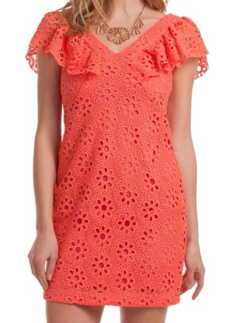 Trina Turk Neriah Coral Eyelet Ruffle Sleeve Cocktail Dress Size 10 - Picture 3 of 9